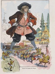 Gulliver en la revisión del ejército de Lilliput - en "Gulliver Voyages" de Swift, il. por Robida