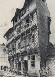 Casa rue Saint Guillaume en Rennes - Vieja Francia - Bretaña - texto, dibujos y litografías, por Albert Robida (1848-1926) sin fecha finales del siglo XIX