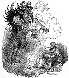 Ilustración de Albert Robida (1848-1926) de una leyenda árabe (1001 noches) (Cuentos de las Mil y Una Noches): un horrible demonio (genio maligno) obsequia a un hombre con una botella de vino. grabado del libro "Choix de lectures" Armand Colin 1926.