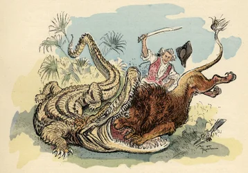 Ilustración de Albert Robida en “Historia y Aventuras del Barón de Munchausen”, H. Laurens Ed., finales del siglo XIX.