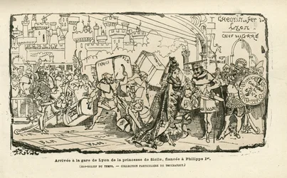 Ilustración de Albert Robida (1848-1926) en Histoire de France tintamarresque, ca. 1880 - Gare, Ancien regime, Sicily - Philippe I