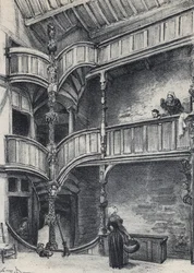 Interior de una casa en Morlaix - Vieja Francia - Bretaña - texto, dibujos y litografías, por Albert Robida (1848-1926) sin fecha finales del siglo XIX