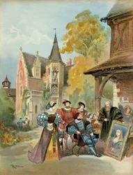 El rey Francisco I (1494-1547) comprando la Mona Lisa a Leonardo da Vinci (1452-1519), cerca del castillo real de Amboise, entre 1516 y 1519