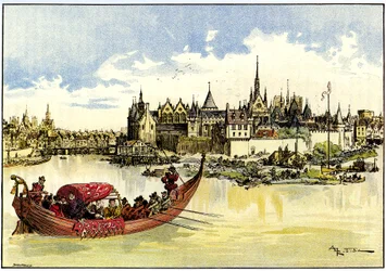 El rey Enrique III en una barca colocando la primera piedra del Pont Neuf sobre el Sena en París, el 31 de mayo.