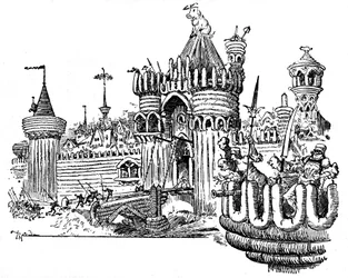 La Cite des Angouiles. Las murallas de la ciudad están hechas con trozos de embutidos (salchichas, pudding), un enorme cerdo está encaramado en el tejado de una torre de la puerta de entrada. Ilustración de Albert Robida (1848-1926) para un episodio del Cu