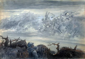 Le combat des ombres: poilus dans une tranchee imaginando un asalto de soldados fantasmales