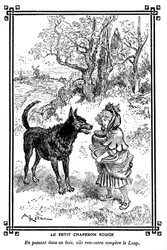 Caperucita Roja, con su tarta y su tarro de mantequilla, se encuentra con el Lobo. Dibujo de Albert Robida (1848-1926) en un libro de lecturas infantiles 1920-1930.