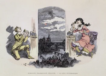 Moralidad, tranquilidad, dicha - La corte telefónica, caricatura de Robida, s.d. siglo XIX