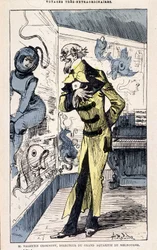 Sr. Valentin Croknuff, director del gran acuario de Melbourne, parodia de Jules Verne, "Viajes muy extraordinarios de Saturnin Farandoul a 5 o 6 partes del mundo y a todos los países conocidos o desconocidos por el Sr. Jules Verne" por Robida, París
