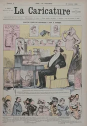 Asesinato o divorcio, portada de «La Caricature» que representa a Alexandre Dumas hijo (1824-95) como «experto» en dramas matrimoniales, 1 de enero de 1880