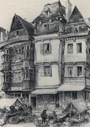 Place du marché en Lannion - La vieja Francia - Bretaña - texto, dibujos y litografías, por Albert Robida (1848-1926) sin fecha finales del siglo XIX