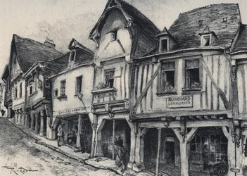 Rue Poterie en Fougeres en el departamento de Ille-et-Vilaine - La vieille France - La Bretagne - texto, dibujos y litografías, por Albert Robida (1848-1926)