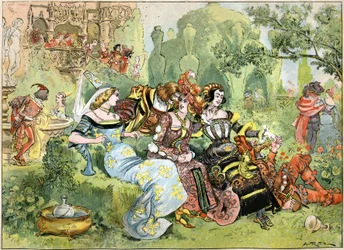Escena de "Gargantúa", ilustración de Robida para las obras completas de François Rabelais publicadas por la Librairie Illustrée, 1885