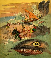 Sindbad el marino (Simbad) - cuento de las mil y una noches (1001) - libro de 1948 que cuenta sus aventuras (edición Fortin, colección Imágenes maravillosas de la infancia) - ilustración de Albert Robida (1848 - 1926): Sindbad y sus compañeros han fracasad
