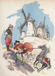 El Barón de Munchausen acaba de cruzar la frontera egipcia y es atrapado en una tormenta provocada por una gran figura para hacer funcionar los 7 molinos. Ilustración de Albert Robida - en “Historia y Aventuras del Barón de Munchausen”, H. Laurens Ed., fin