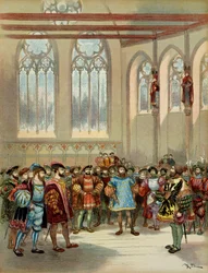 El heraldo de Borgoña, enviado por Carlos V (1500-1558), fue recibido por Francisco I (1494-1547) en el gran salón del Parlamento en París, primera mitad del siglo XVI