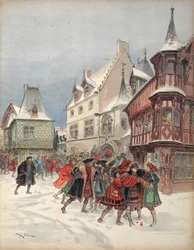 El rey herido durante una batalla simulada en la casa de St. Pol en Romorantin, ilustración de 