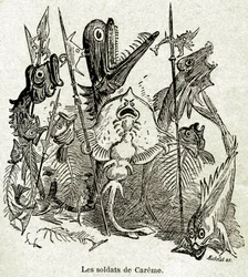 El ejército de Quaresmeprenant. Los soldados están representados como peces, algunos de los cuales sólo tienen las aretes, por referencia a la comida magra (joven) de Careme. Ilustración de Albert Robida (1848-1926) para un episodio del Cuarto Livre de Fra