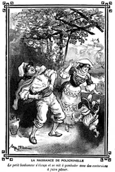 El nacimiento de Polichinela. Dibujo de Albert Robida (1848-1926) en un libro de lecturas infantiles 1920-1930.