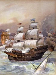 La flota de Jean Ango bloquea el Tajo y amenaza Lisboa, c.1909 (ilustración)