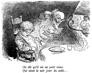 ¡El mercader de arena ha pasado! Niño dormido después de comer. Duerme. "Dicen que es un viejecito que viene a echar arena por la noche...". Dibujo de Albert Robida (1848-1926) en un libro de lecturas infantiles 1920-1930.