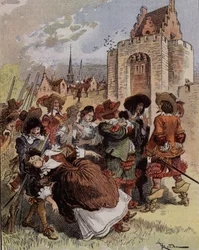 La timidez del Capitán Bellormeau - “Madame de Malicorne cayó en los brazos de un sargento”. Personaje del libro de Albert Robida. Portada “El Pequeño Francés ilustrado” del 20/01/1900.
