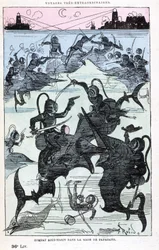 Combate submarino en la bahía de Papagayo (escafandristas montando peces), parodia de Jules Verne, "Viajes muy extraordinarios de Saturnin Farandoul en 5 o 6 partes del mundo y en todos los países conocidos o desconocidos por el Sr. Jules Verne" por Robida