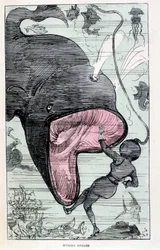 Mujer en un escafandro siendo tragada por una ballena, parodia de Jules Verne, “Viajes muy extraordinarios de Saturnin Farandoul en 5 o 6 partes del mundo y en todos los países conocidos o desconocidos por M. Jules Verne” por Robida, París