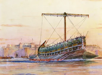 Galera asiria, acuarela de Albert Sebille (1874-1953)