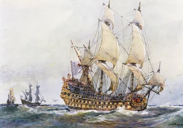 Barco francés de primera clase en tiempos de Colbert (siglo XVII), acuarela de Albert Sebille (1874-1953)