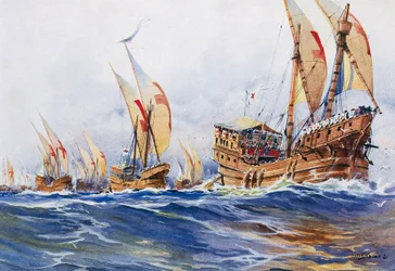 Barcos franceses del rey Luis IX durante la octava cruzada en 1268, acuarela de Albert Sebille (1874-1953)