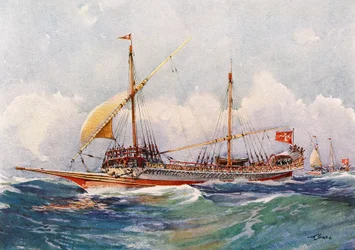 Galera de Malta con el viento en las velas (siglo XVII), acuarela de Albert Sebille (1874-1953)