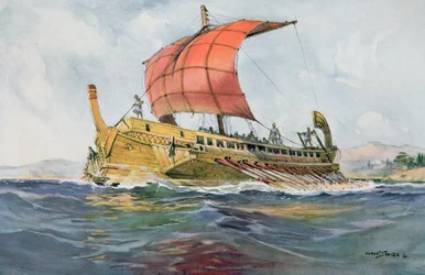 Barco ligero del periodo clásico griego (litografía en color)