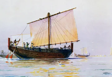 Buque mercante fenicio llegando a Pharos, acuarela de Albert Sebille (1874-1953), siglo XX.