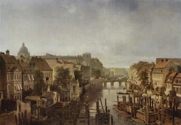 Vista desde los molinos reales de Mühlendamm hasta el Lange Brücke de Berlín