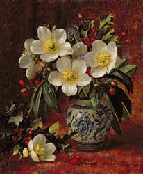 Naturaleza muerta de rosas de Navidad y acebo AB249