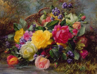 Rosas junto a un estanque en una orilla herbosa