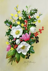Rama de escaramujo, acebo, muérdago y delphinium