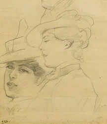 Cabeza de una mujer con sombrero decorado, perfil y vista de tres cuartos, c.1900