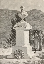 Monumento a Paolo Giacometti (1816-1882) en el cementerio de Staglieno, Génova, Italia, grabado a partir de un dibujo de Alberto della Valle, de L