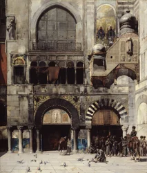 Caballería circasiana esperando a su oficial al mando en la puerta de un monumento bizantino, Memoria de Oriente, 1880