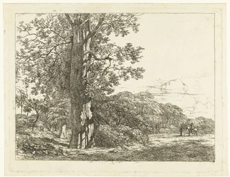 Paisaje con gran haya y jinete en conversación con el hombre.