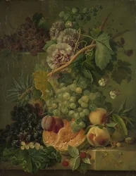 Bodegón con flores y frutas