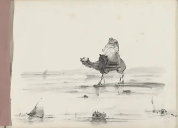 Hombre montando un camello a lo largo de una costa