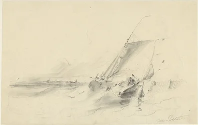 Paisaje marino con barcaza en aguas turbulentas