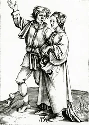 Una pareja rústica, grabado por Johannes Wierix, c.1565