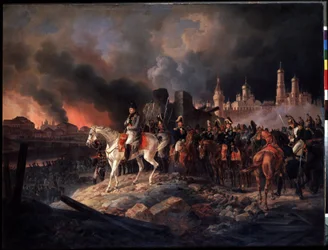 «Incendio de Moscú el 15/09/1812». El gobernador de la ciudad, el conde Rostopchin, ordena incendiar la ciudad cuando llegan las tropas de Napoleón I. El emperador Napoleón I (1769-1821) ante Moscú en llamas, con el Kremlin extendiéndose a la derecha.
