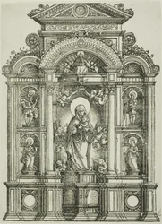 Retablo con la bella Virgen de Ratisbona y los santos Cristóbal, María Magdalena, Florián y Catalina de pie en nichos, con Dios Padre encima