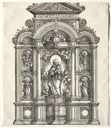 Gran altar con la Virgen, en un borde con San Cristóbal, San Jorge, Santa Bárbara, Santa Catalina, 1520