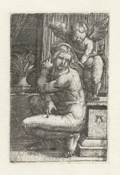 Venus arrodillada con Cupido